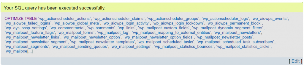 The optimize table message