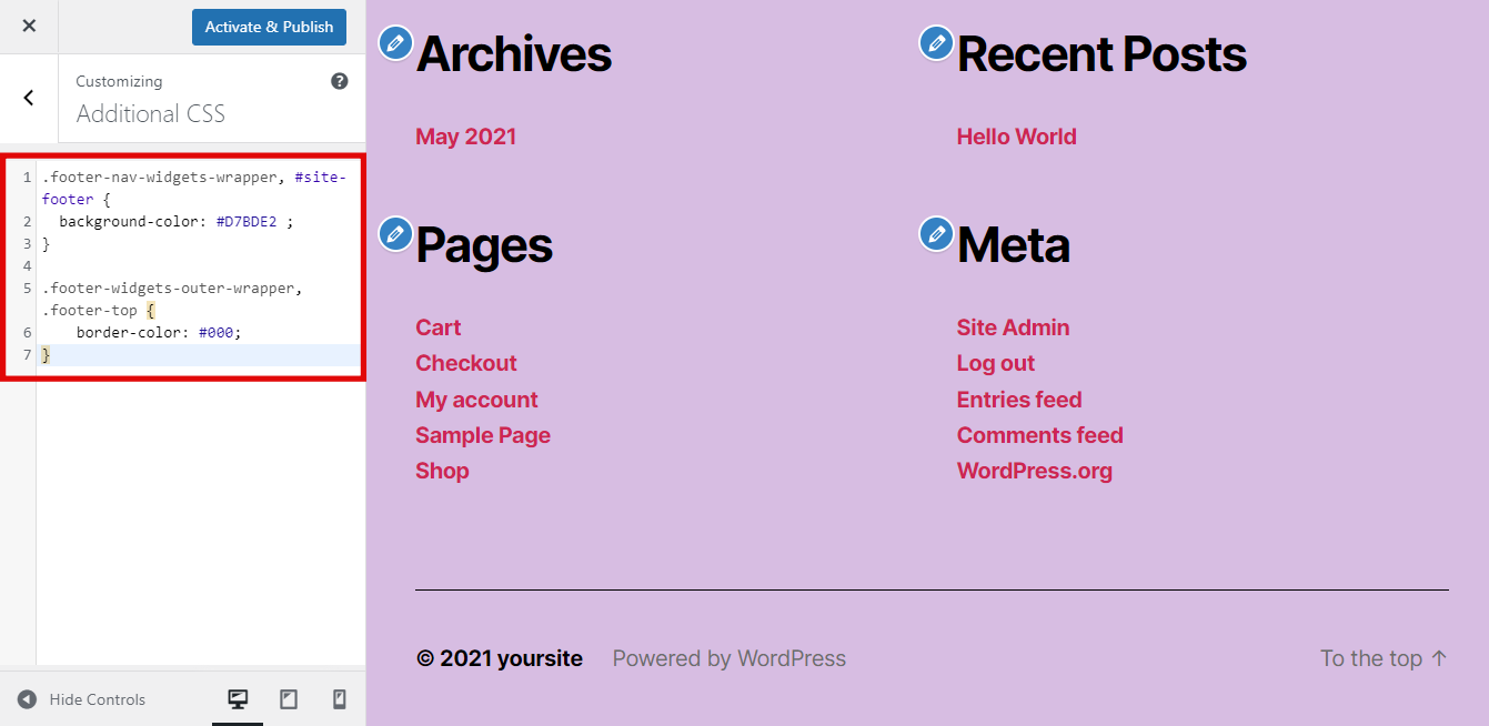 Inserting code to change the footer's background and border color on WordPress Additional CSS