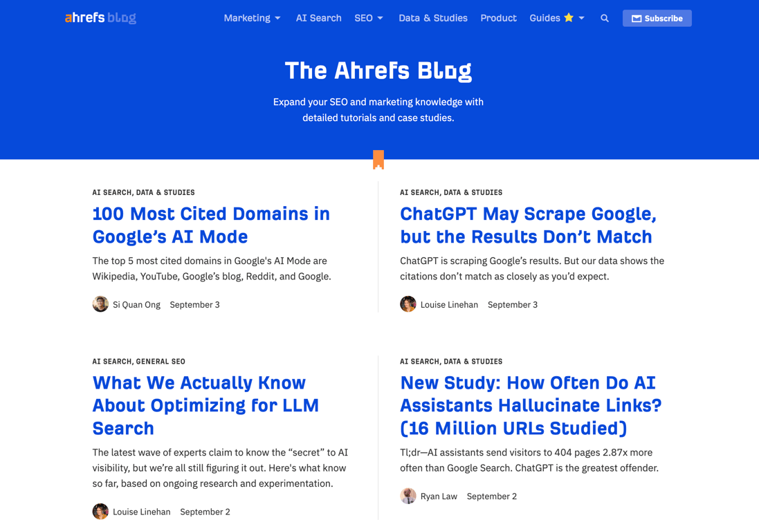 The Blog page of the Ahrefs website
