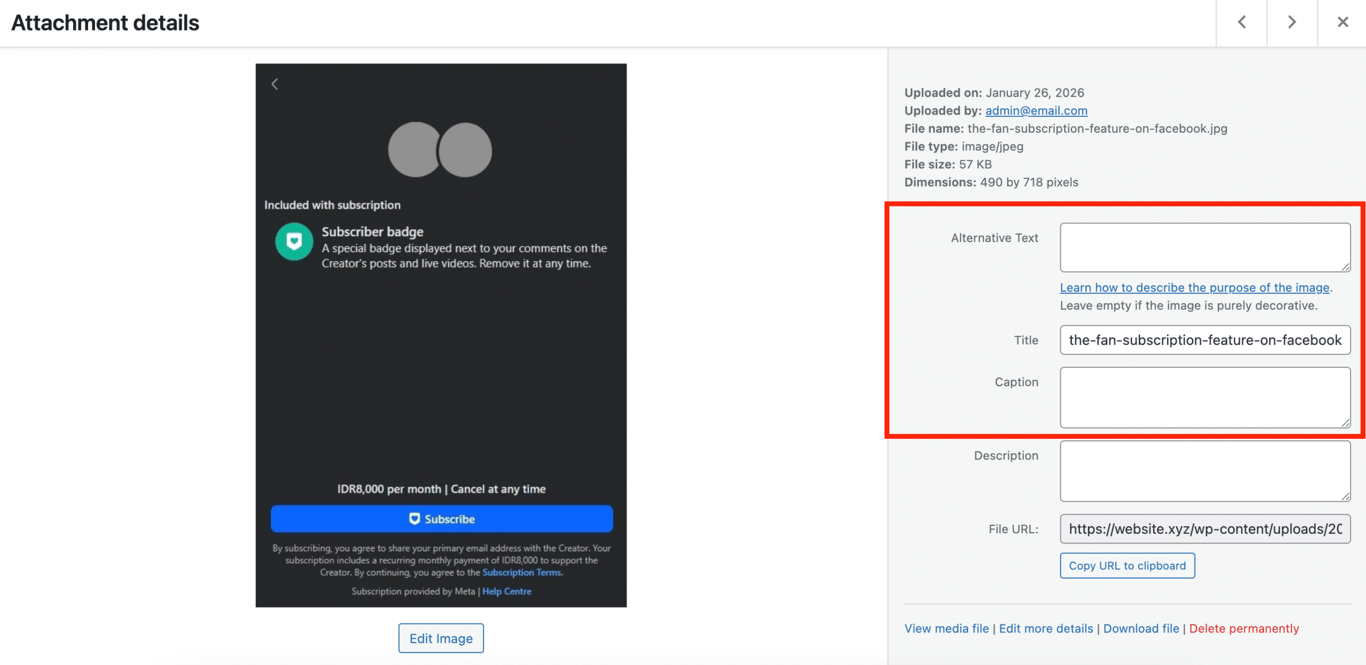 Attachment Details panel in WordPress