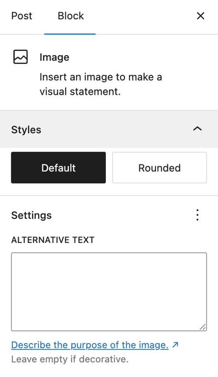 WordPress image block configuration menu
