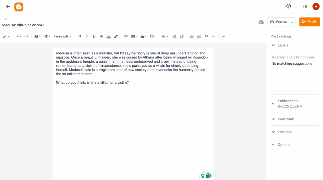 Blogger's post editor interface