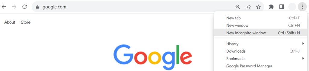 The Chrome browser's New Incognito window menu highlighted