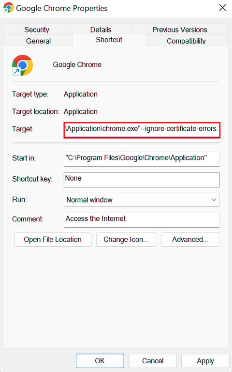 The Target field in Google Chrome Properties