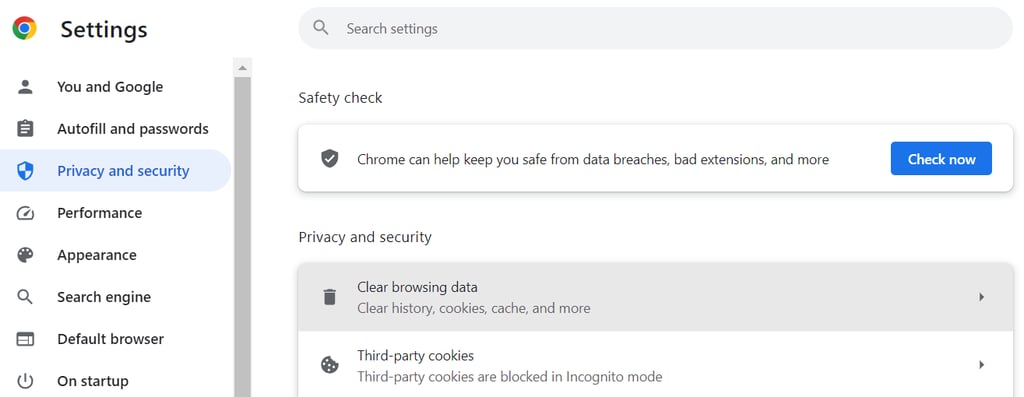 The Privacy and security section under Settings with Clear browsing data highlighted