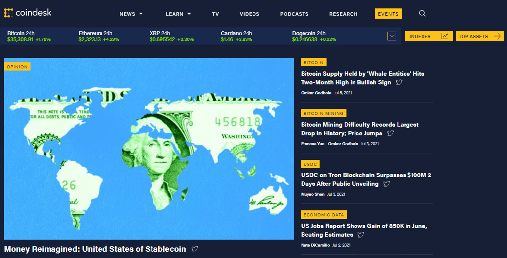 The CoinDesk website homepage