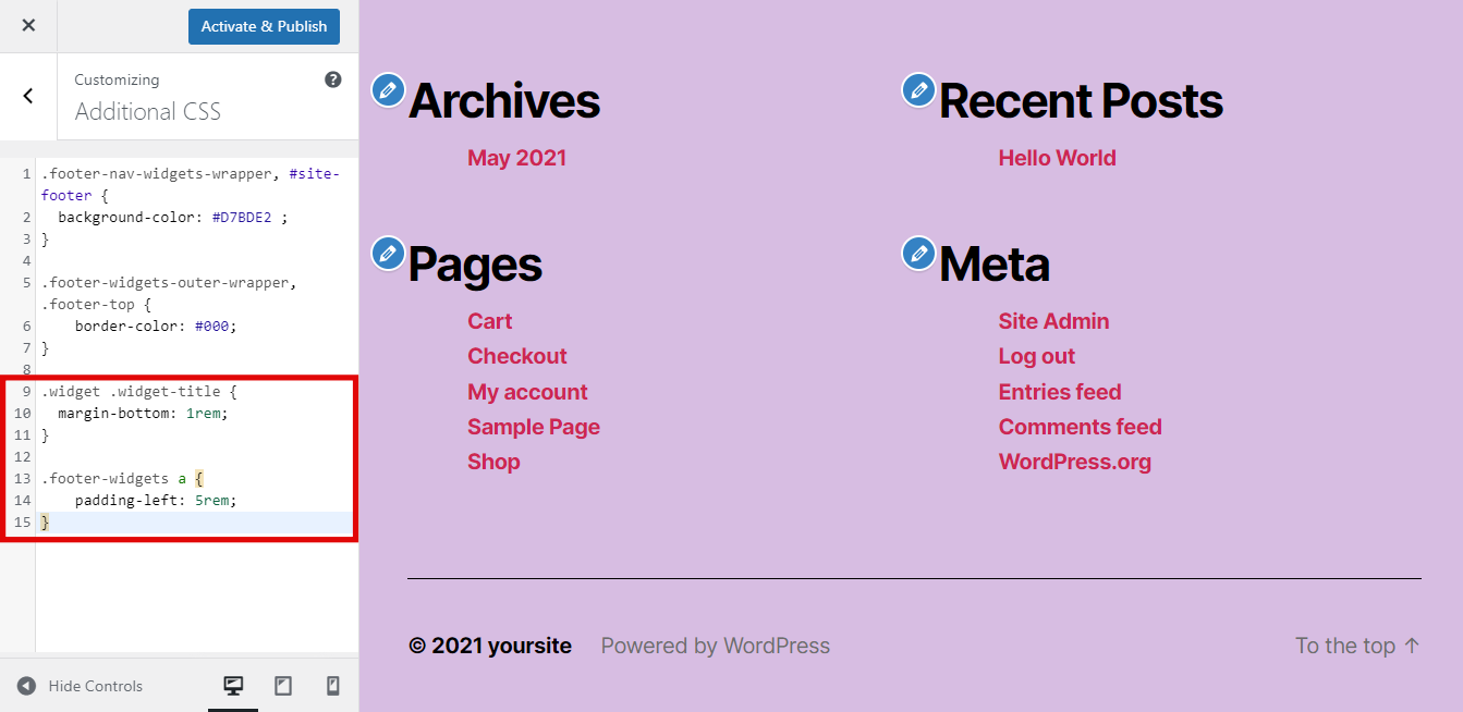 Inserting code to edit the footer's margin and padding on WordPress Additional CSS