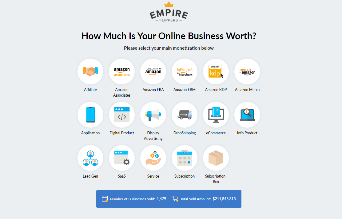 Screenshot of Empire Flippers' home page