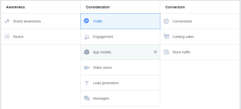 Facebook Ads Manager showing awareness, consideration, and conversion goals.