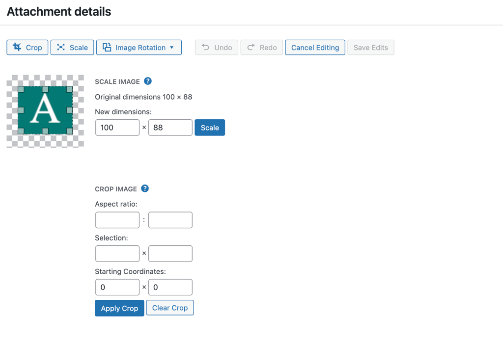 Image editing options in WordPress
