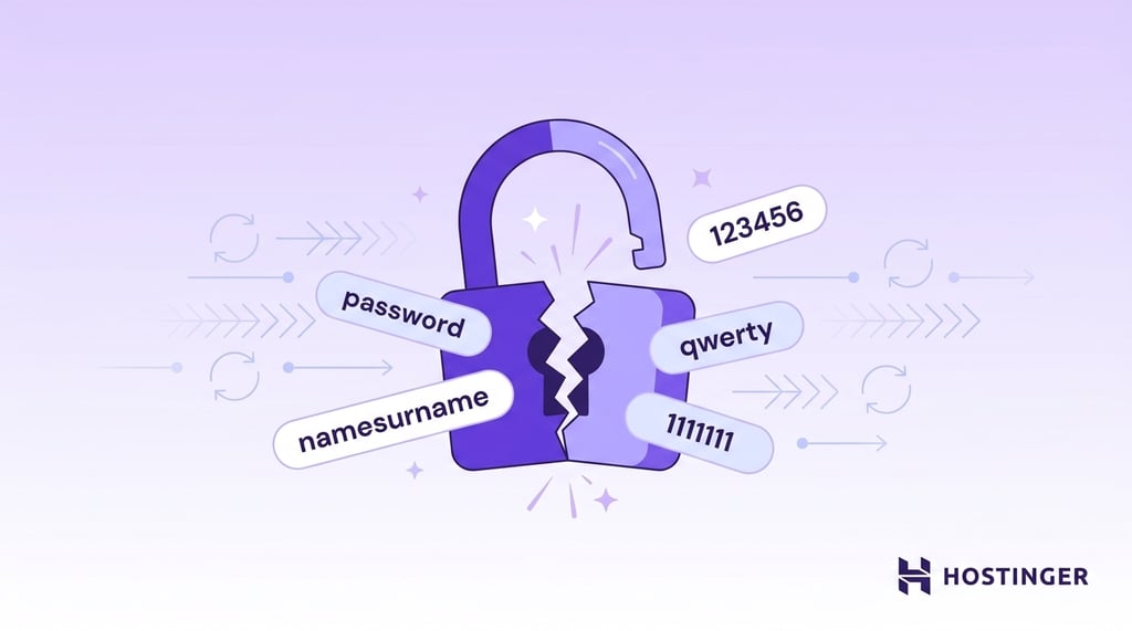 A cracked padlock surrounded by weak password examples such as 123456, password, and qwerty, illustrating vulnerability to brute force attacks.