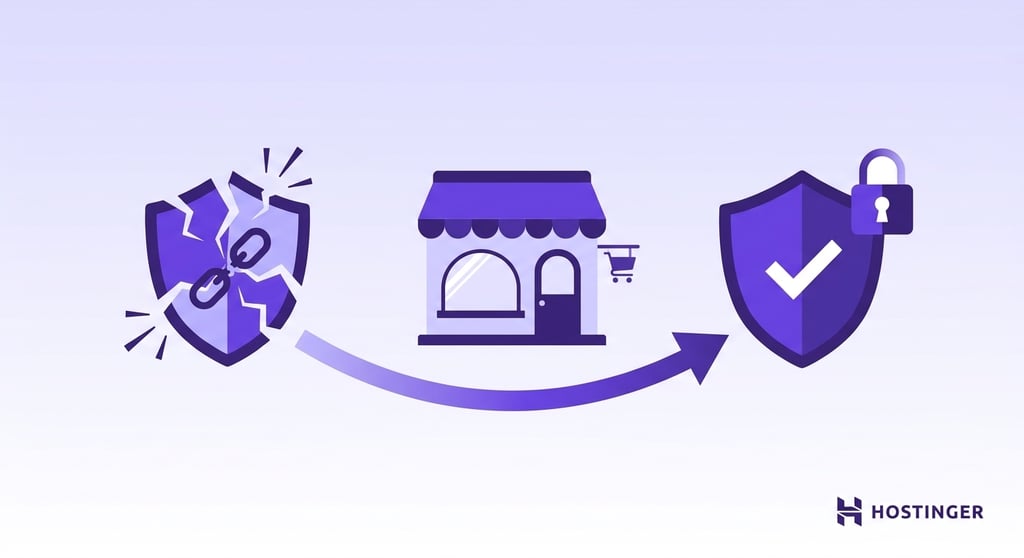 A broken shield transitioning through a simplified storefront to a restored shield with a lock, representing the process of recovering an ecommerce store after a security breach.