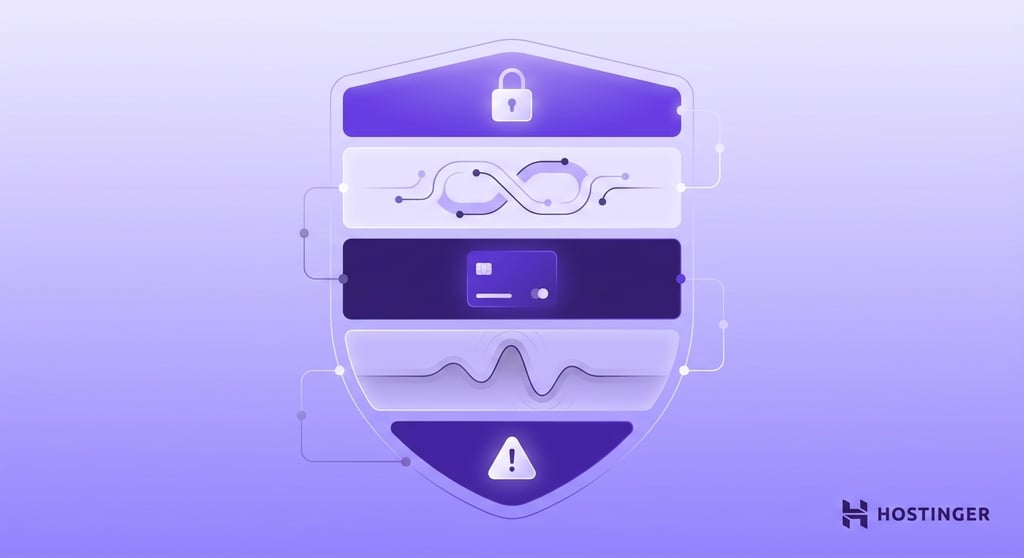 Five stacked protective layers representing authentication, encryption, payment processing, monitoring, and incident response working together as a unified security system.