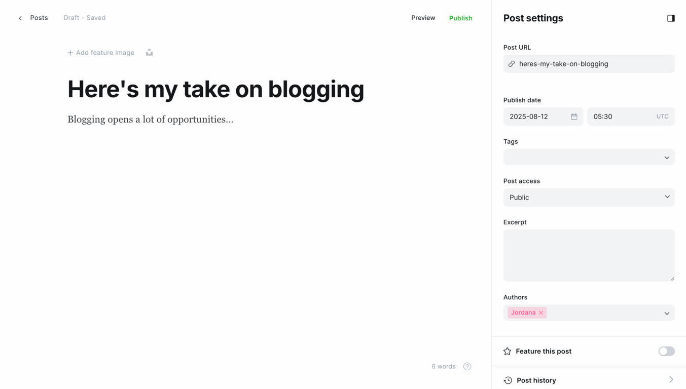Ghost blog post editor interface