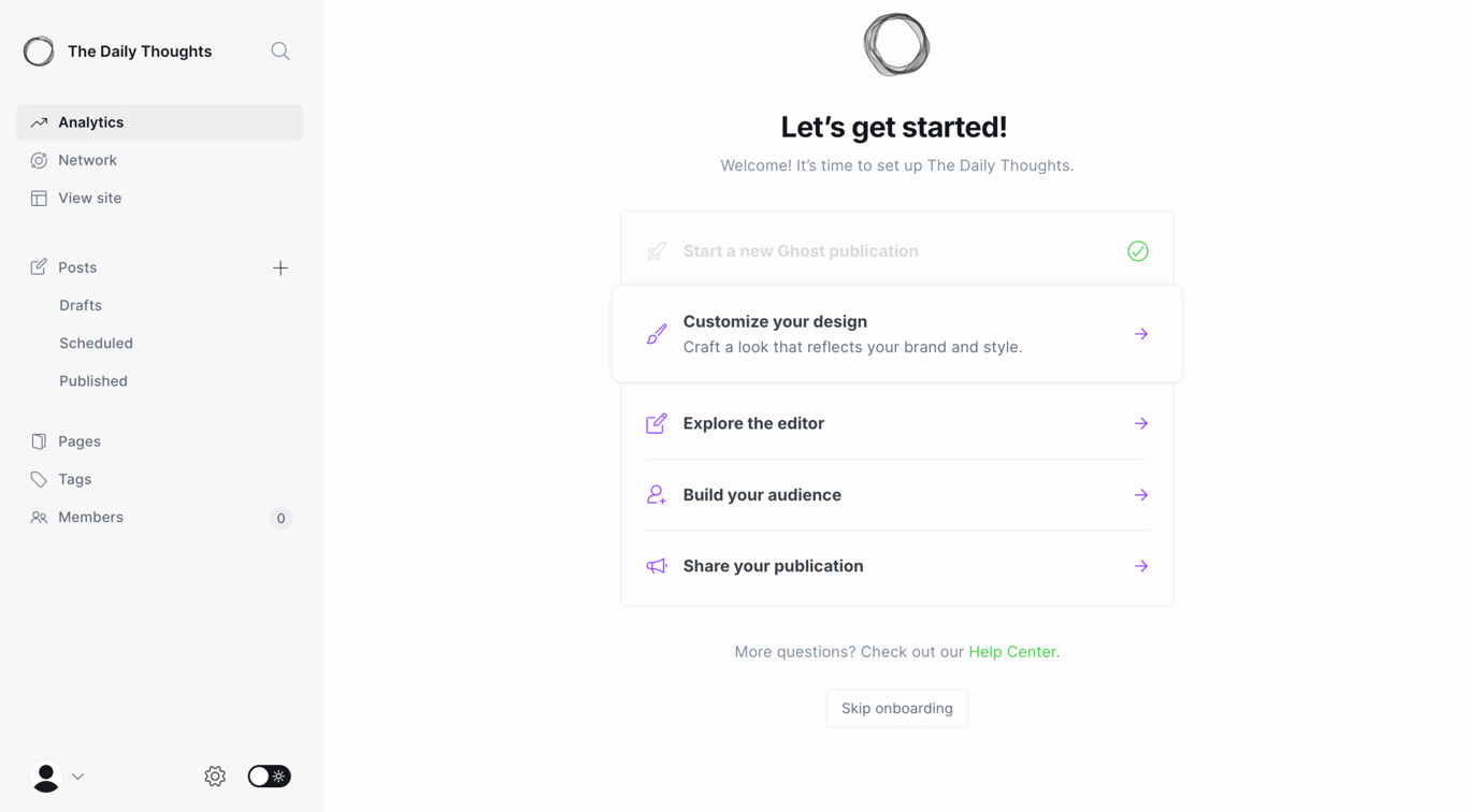 Ghost initial onboarding dashboard