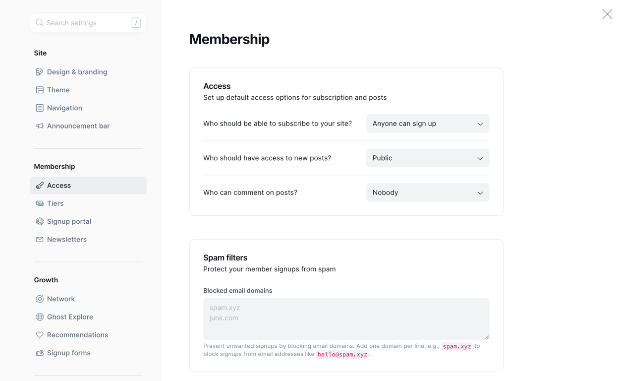 Ghost membership settings