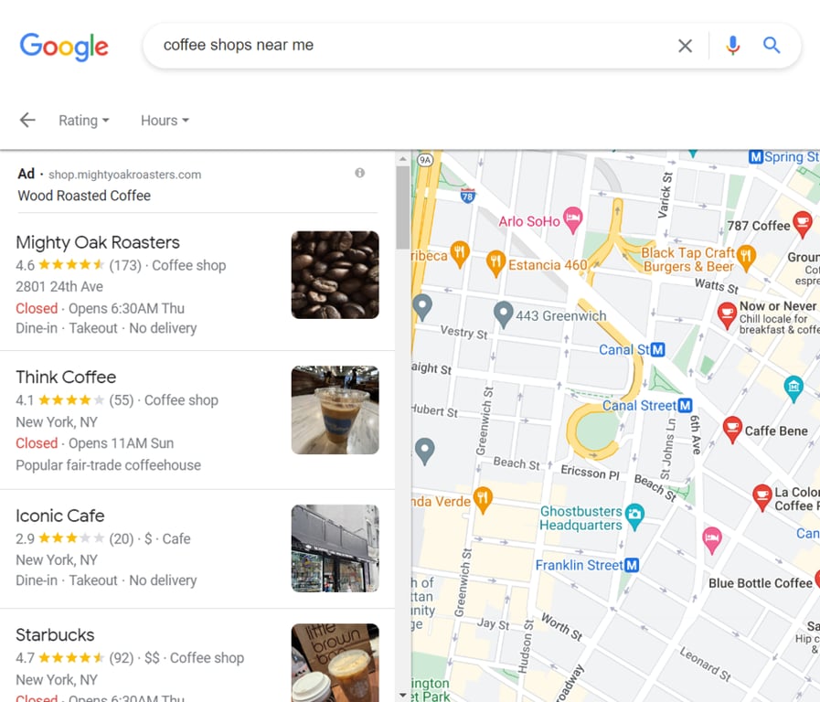 Google's result page for coffee shops near me