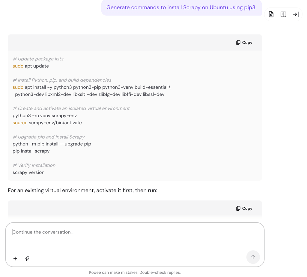 Hostinger Agent generating commands to install Scrapy using pip3