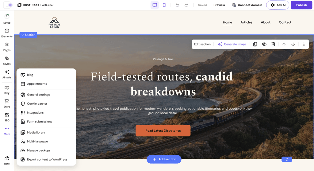 Hostinger AI Builder drag-and-drop editing
