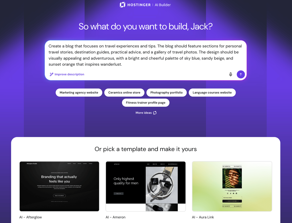 Hostinger AI Builder manual mode