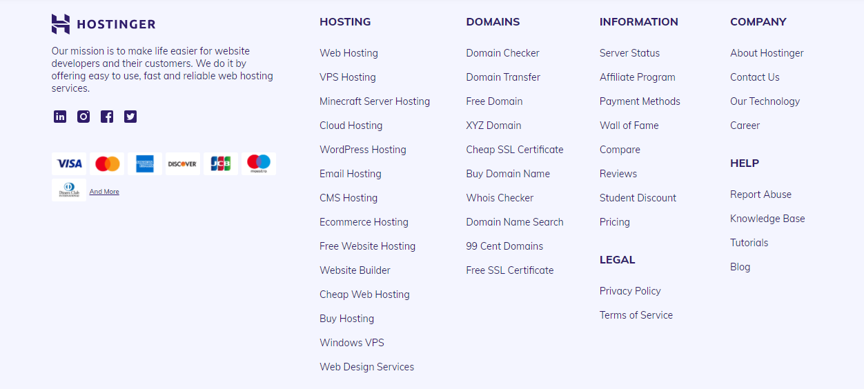 An example of a footer on Hostinger's website