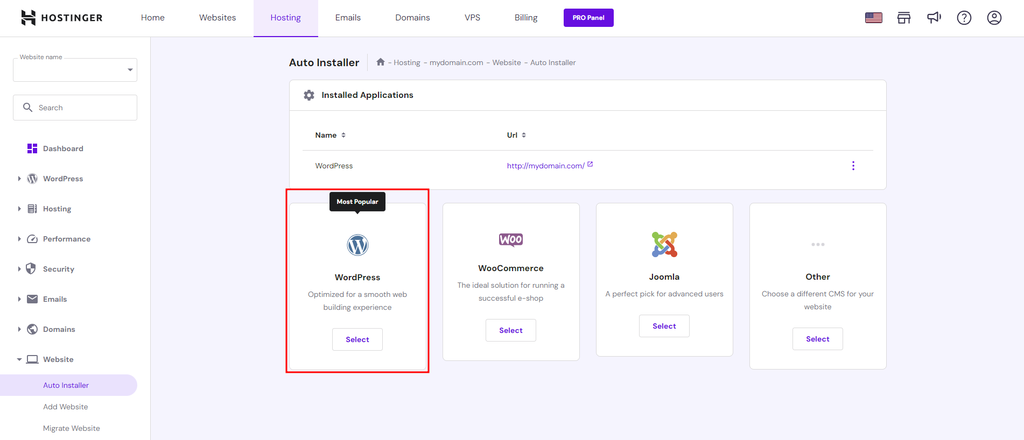 Website auto-installer on Hostinger hPanel with the WordPress column highlighted in red