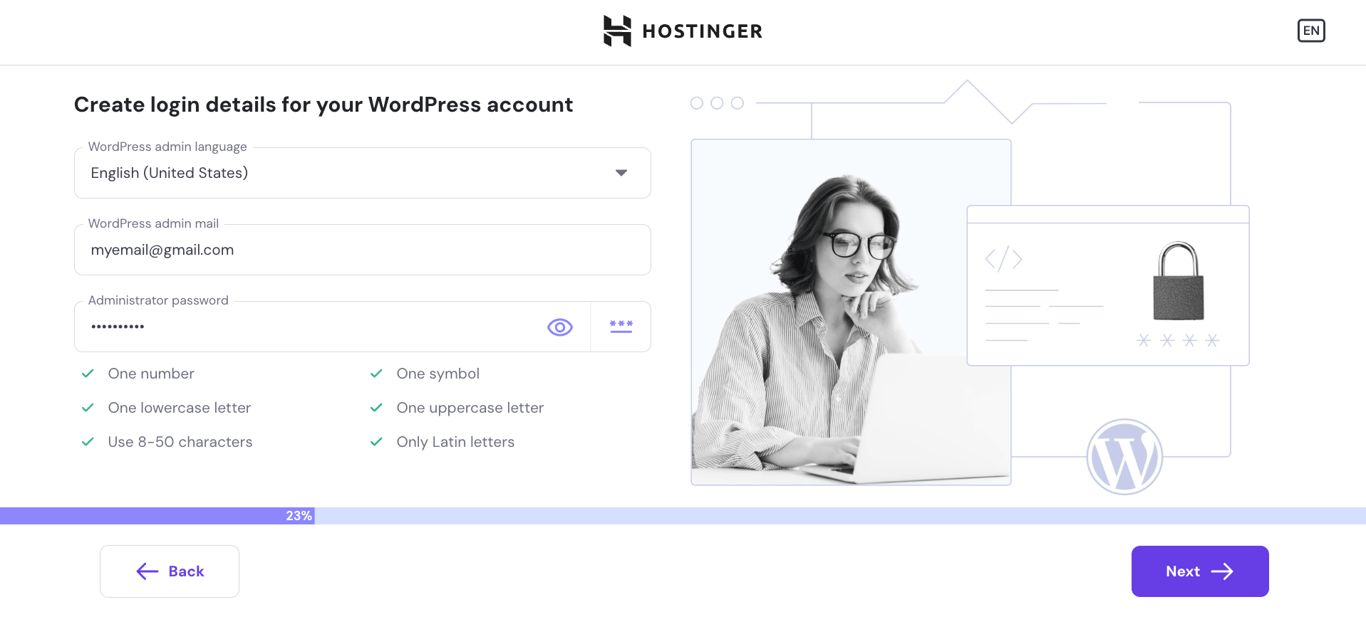 WordPress onboarding process in Hostinger