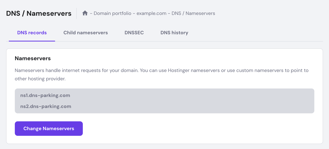 hPanel's DNS / Nameservers menu with DNS records selected