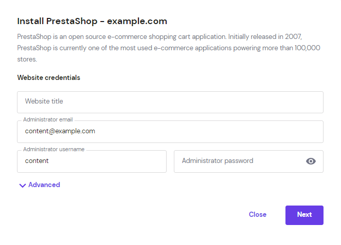 hPanel's Auto Installer feature for PrestaShop