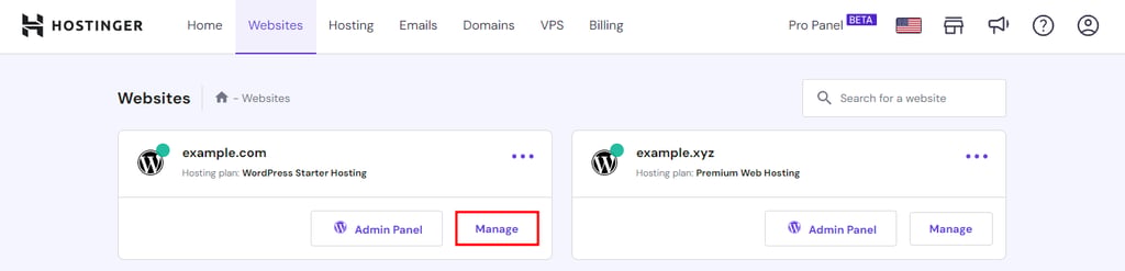 hPanel's Website menu with Manage highlighted
