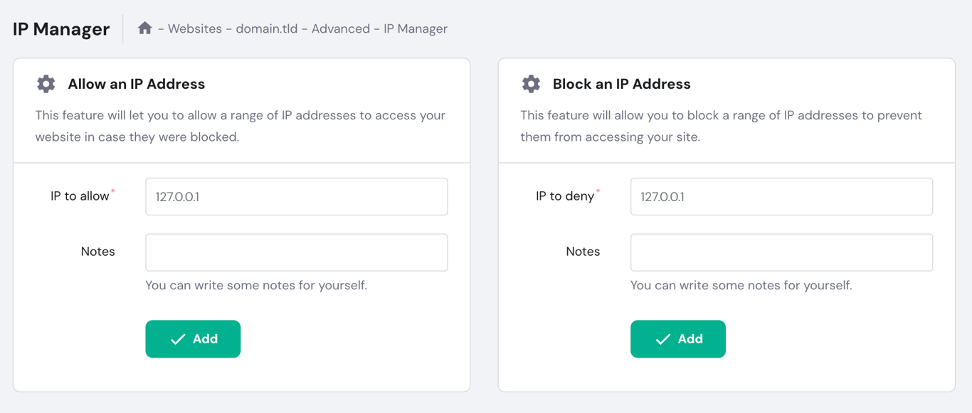 Hostinger hPanel's IP Manager interface in the Advanced section.