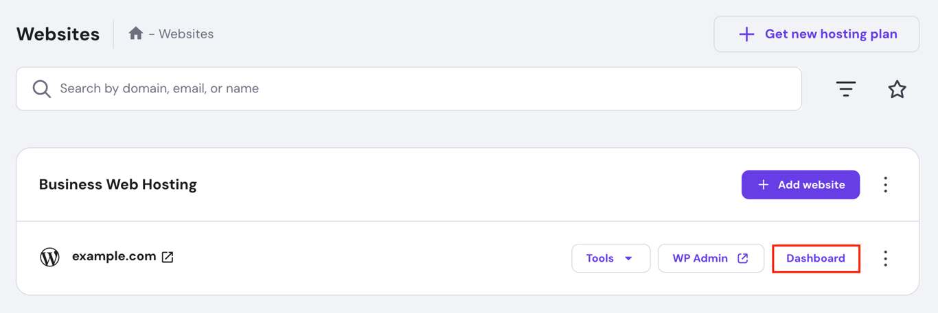 hPanel's Websites menu with Dashboard highlighted
