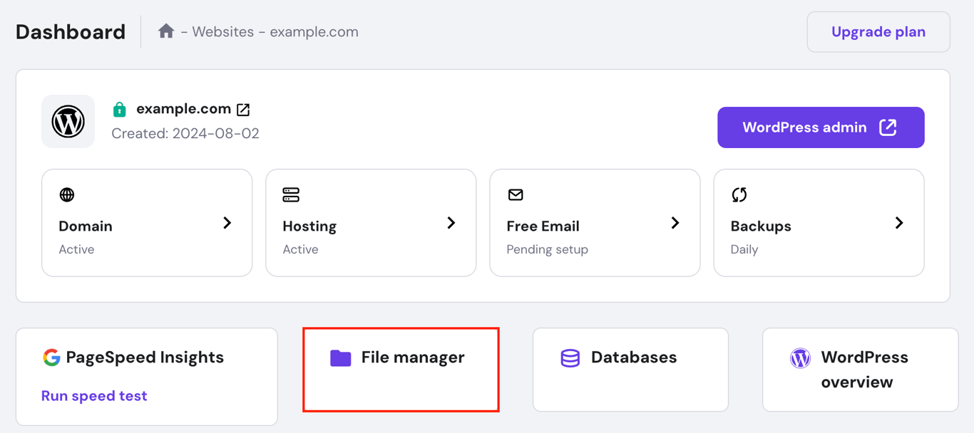hPanel's dashboard with File manager highlighted