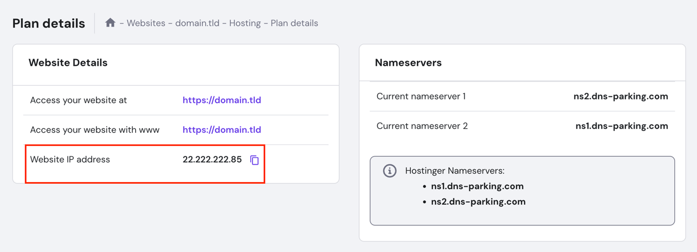 Hostinger hPanel Plan details, with the Website IP address highlighted.