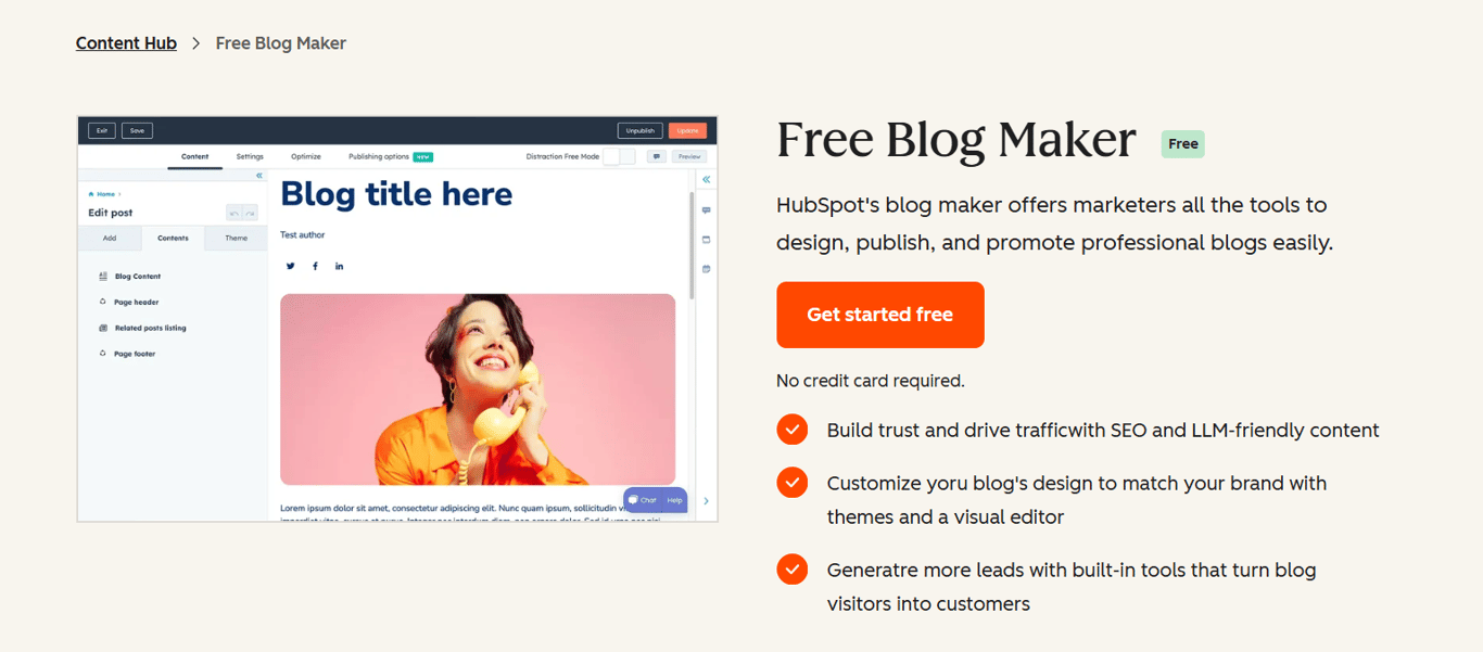 Landing page of HubSpot free blog maker