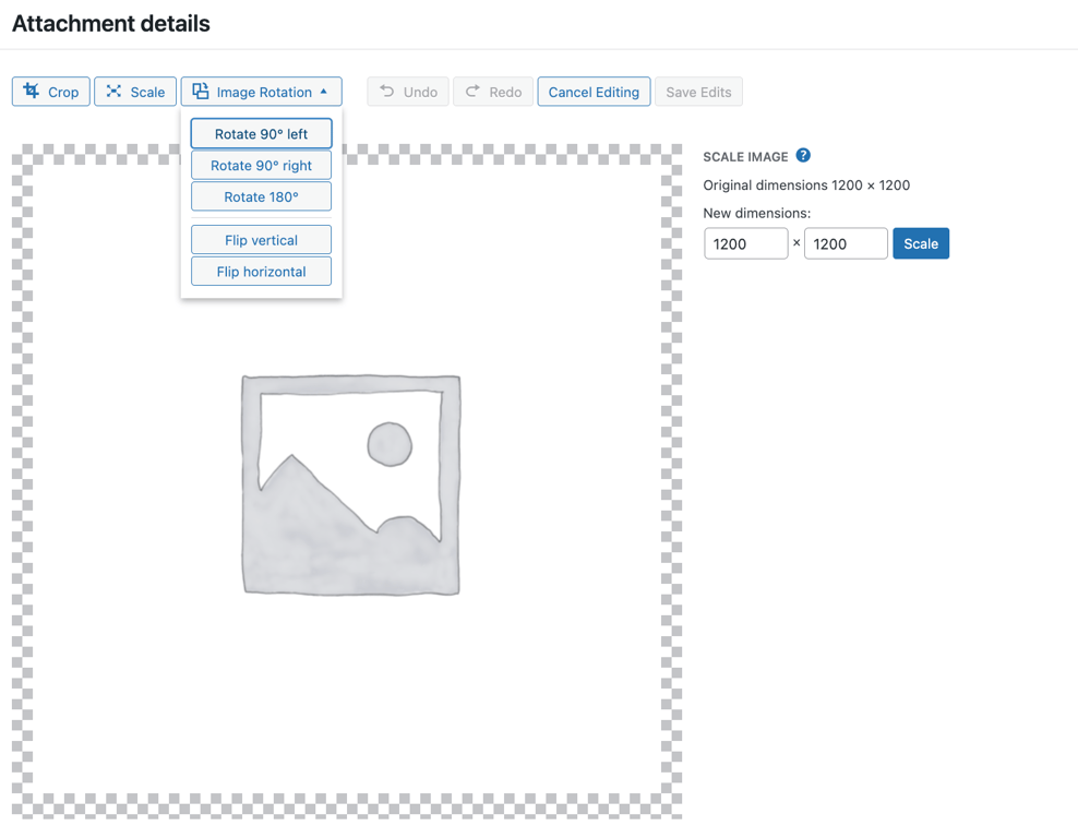 Screenshot of WordPress Media Library's image flipping feature WordPress Media Library's image rotation and flipping feature