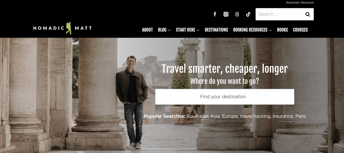 The Nomadic Matt website homepage