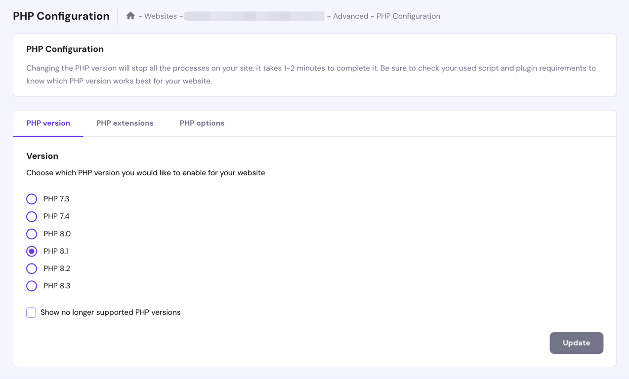 hPanel phpConfiguration setting for phpVersion