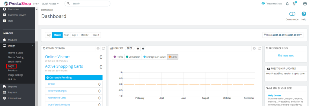 Where to locate the Pages sub-section on PrestaShop dashboard