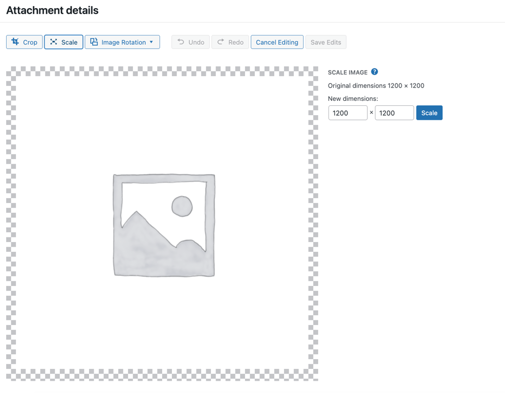 Screenshot of WordPress Media Library's image rotating feature WordPress Media Library's image scaling feature