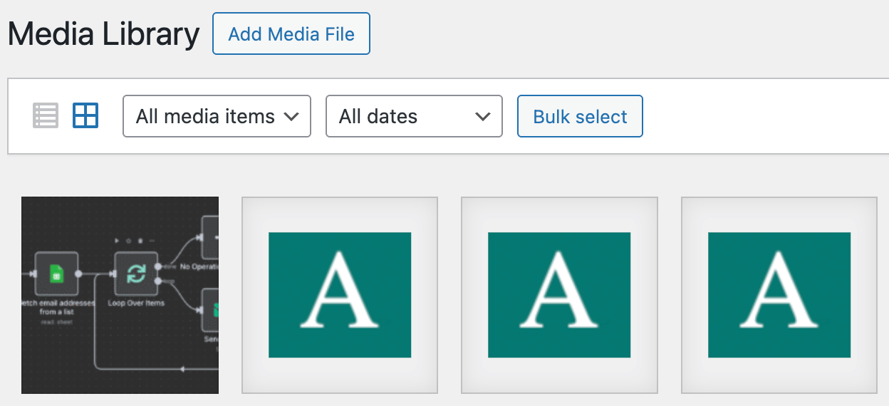 WordPress media library interface with images
