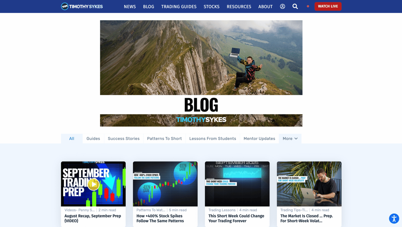 The Blog page of the Timothy Sykes website