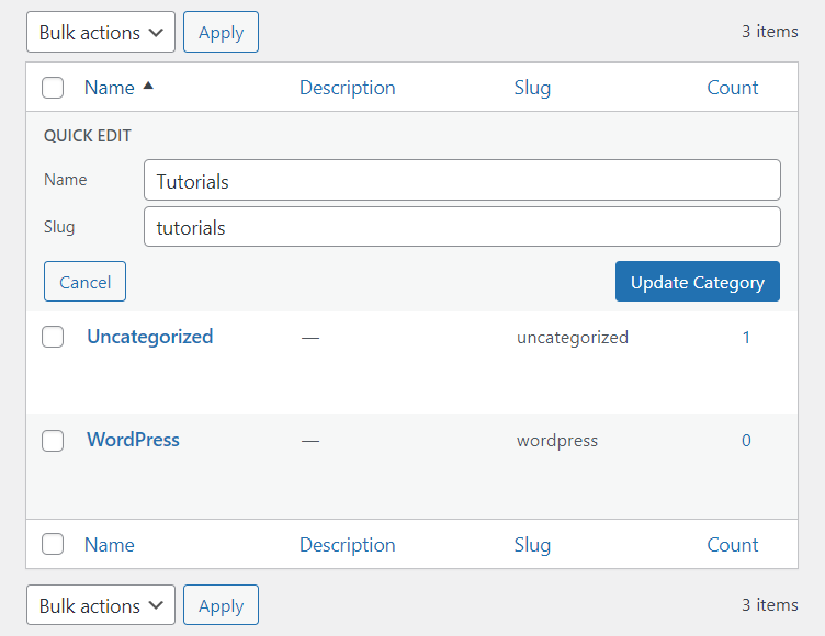 Quick edit options on WordPress