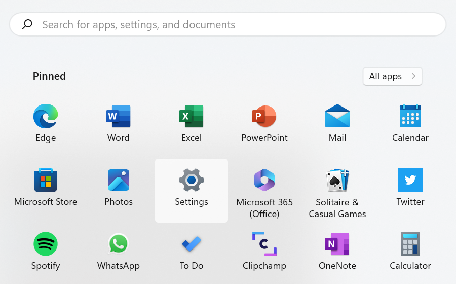 Windows' Start menu with Settings highlighted