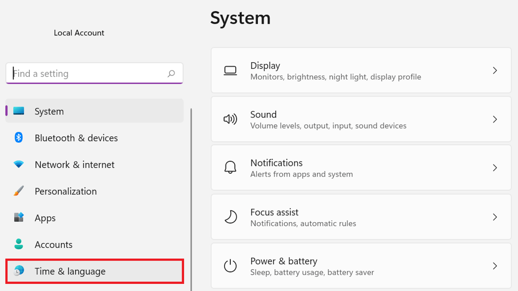 The Settings section with Time & language highlighted