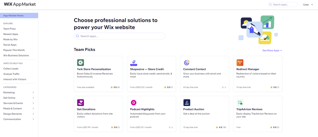 The interface of Wix App Market