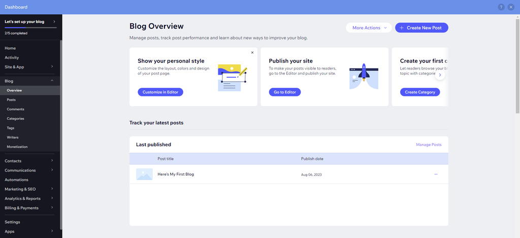 Wix dashboard showcases blog overview