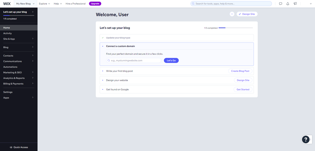 Wix dashboard showcasing all the website settings and a setup checklist