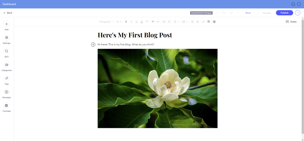 The interface of Wix's text editor for blogging