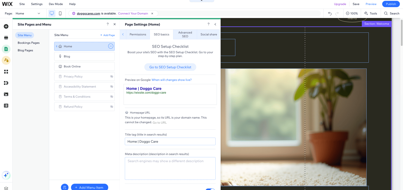 Wix SEO settings in the editor